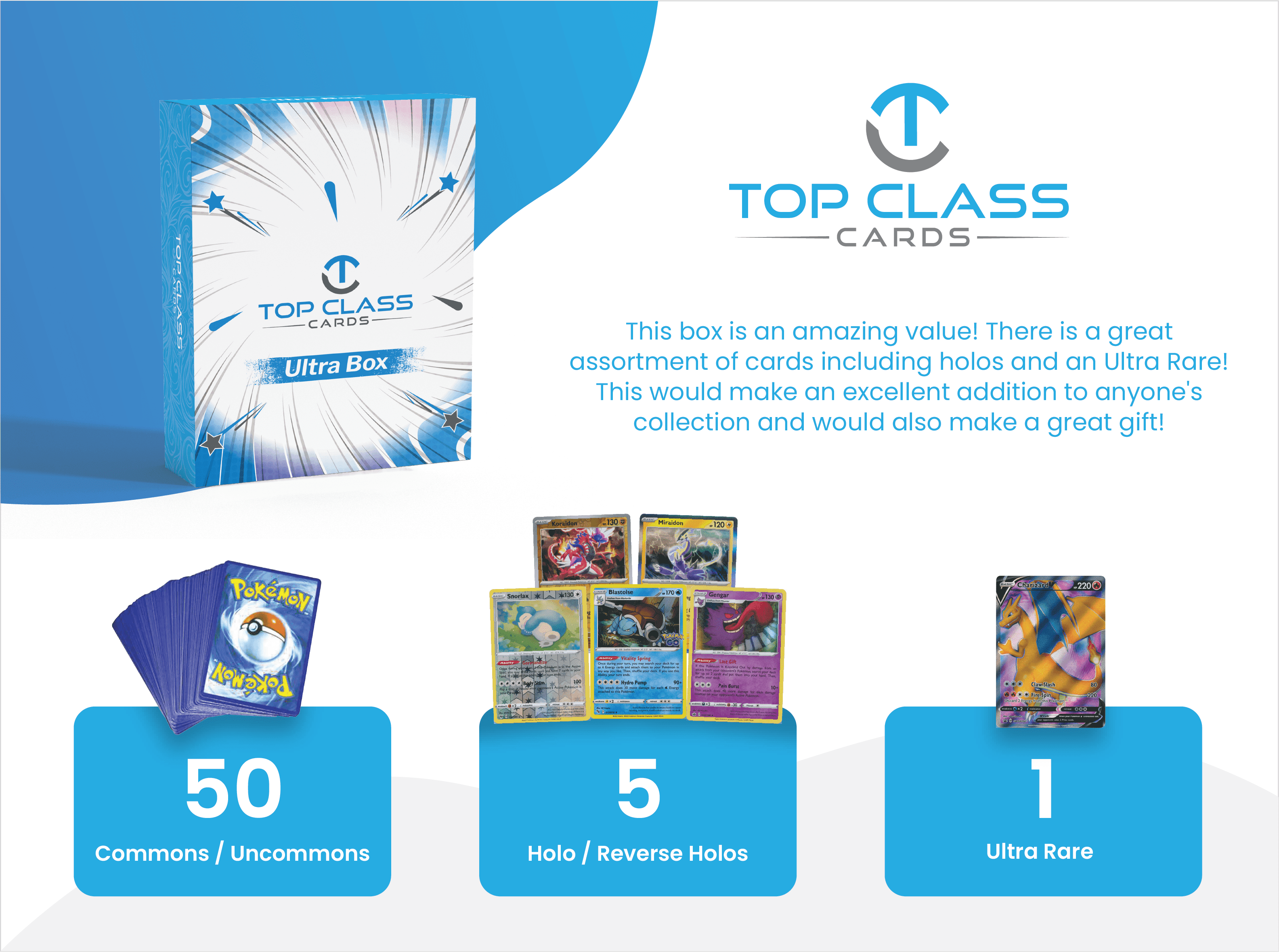Top Class Cards | Ultra Box | 50 Cards | 5 Holos/Reverse Holos | 1 Ultra Rare Guaranteed | Compatible with Pokemon Cards